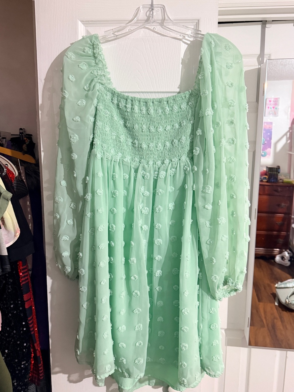Mint Green Smocked Puff-Sleeve Tea Dress